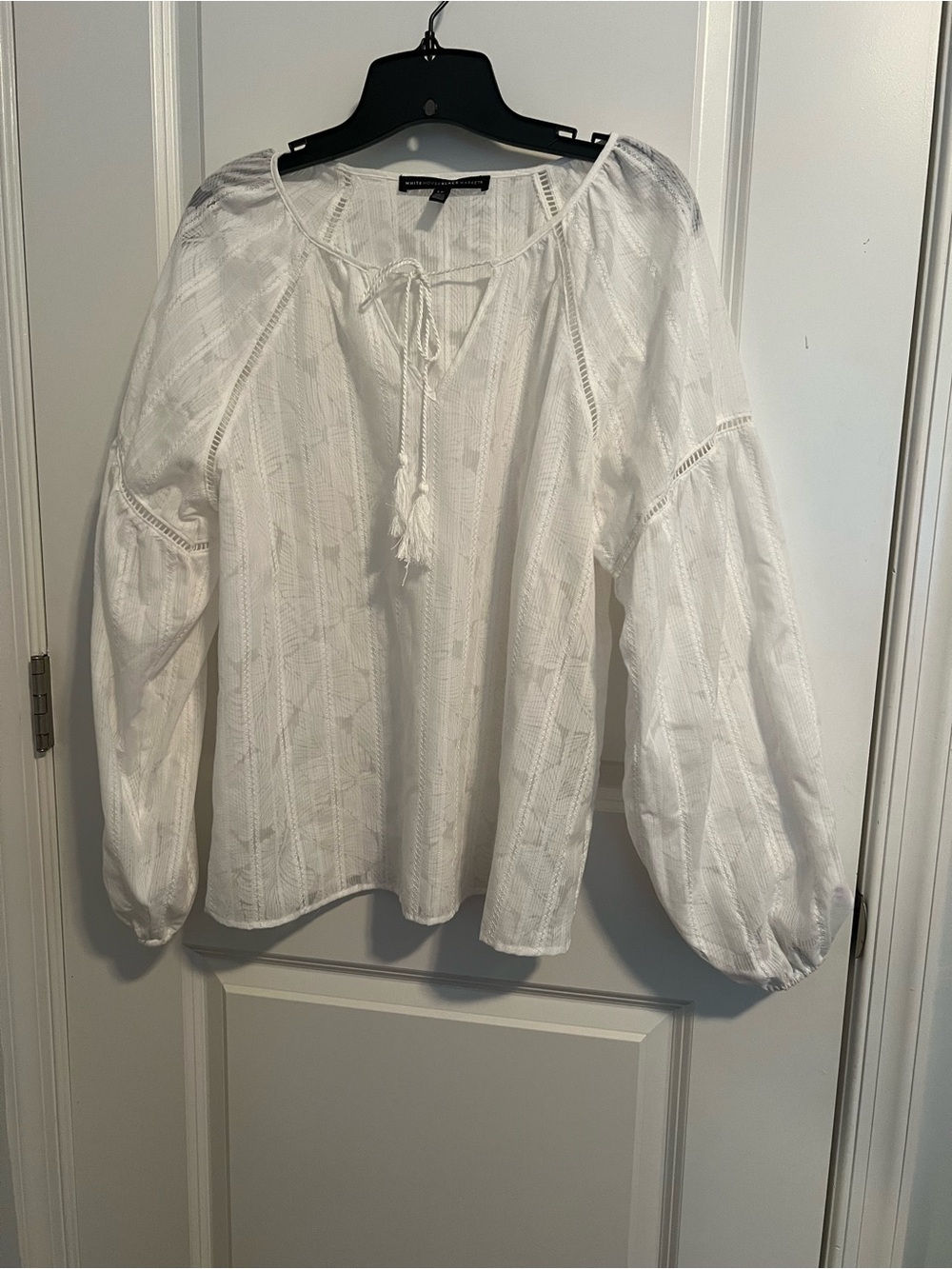 White House Black Market White Textured Peasant Blouse with Tassel Tie